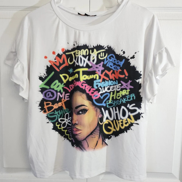 Graffiti Afro Graphic Tee Large Ruffle Sleeve Streetwear Bold Modern - Picture 1 of 8